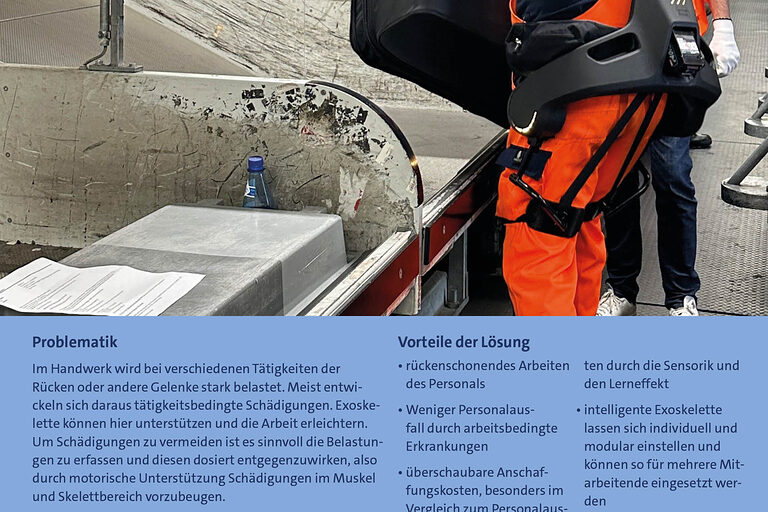 Informationsplakat zum Projektthema 5G und den Nutzen von intelligenten Exoskeletten für die Belastungsschonung..