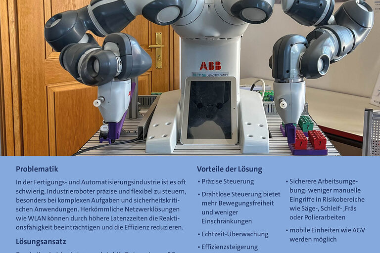 Informationsplakat zum Projektthema 5G und den Nutzen von kollaborativen Robotern.