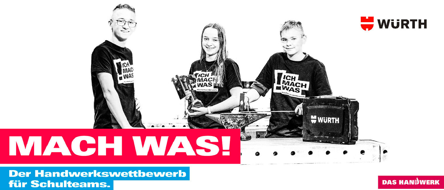 Das Titelbild zur Schul-Kampagne "Mach was" zeigt drei Jugendliche mit Werkzeugen in der Hand. 
