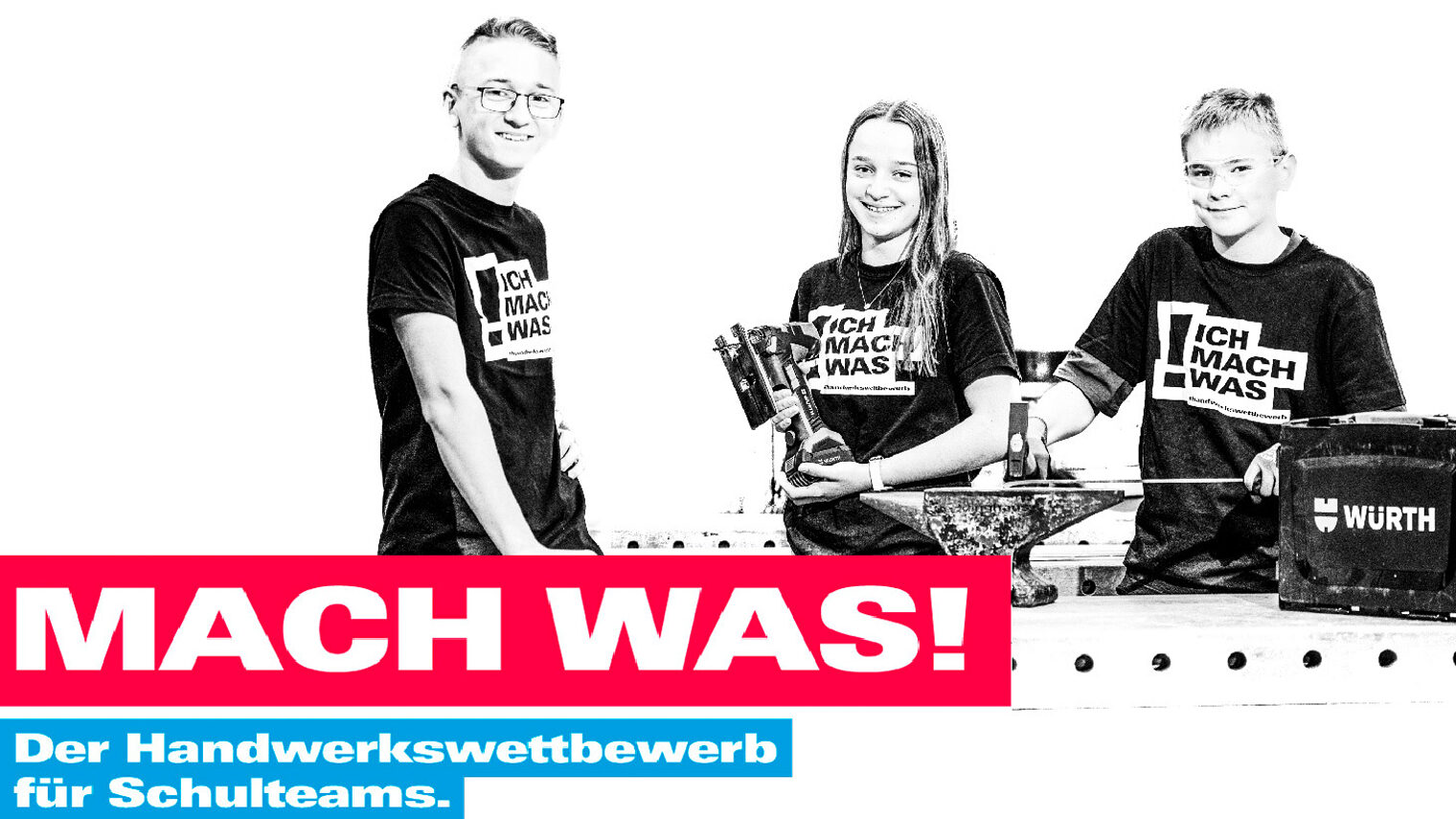 Das Titelbild zur Schul-Kampagne "Mach was" zeigt drei Jugendliche mit Werkzeugen in der Hand. 