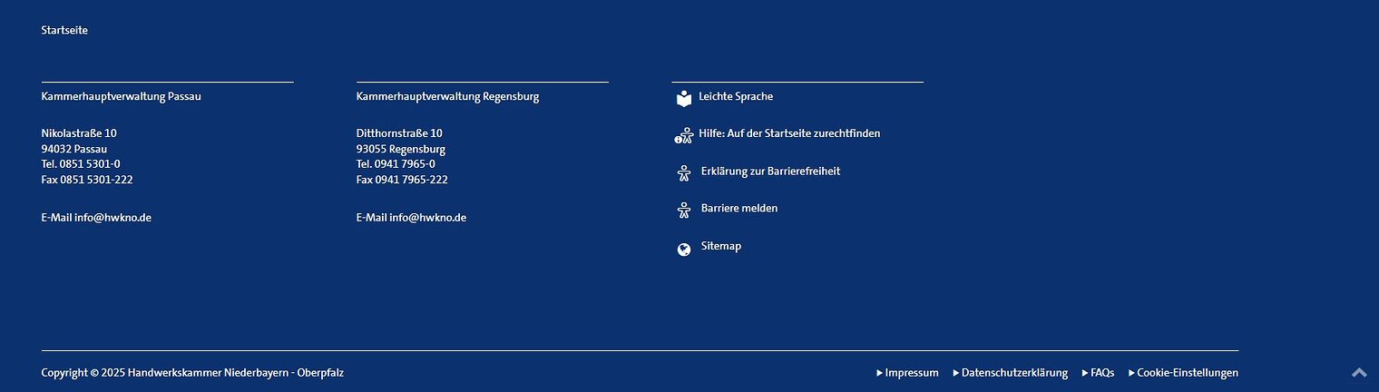 Das Bild zeigt den Fußbereich der Startseite der Handwerkskammer Niederbayern-Oberpfalz.