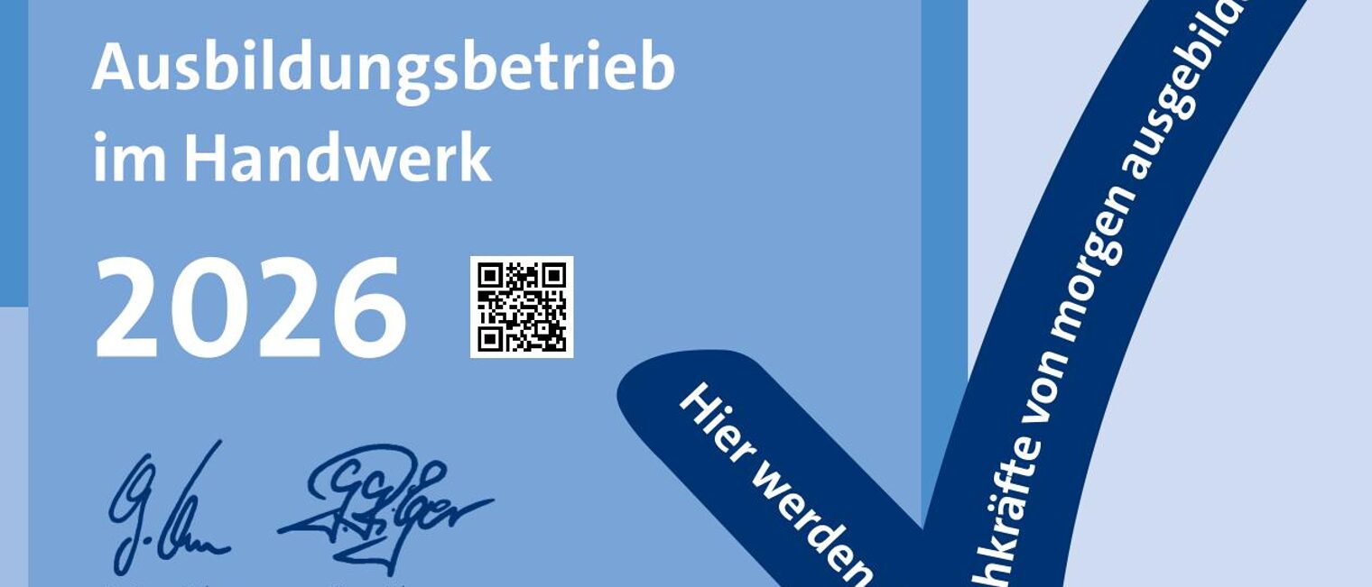 Aufkleber "Ausbildungsbetrieb 2026" mit Handwerkskammer Logo und Unterschrift des HFG und Präsidenten