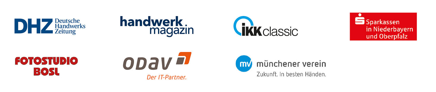 Die Sponsoren der Meisterfeier 2026: DHZ, handwerk magazin, IKK Classic, Sparkasse, Fotostudio Bosl, ODAV, Münchner Verein.