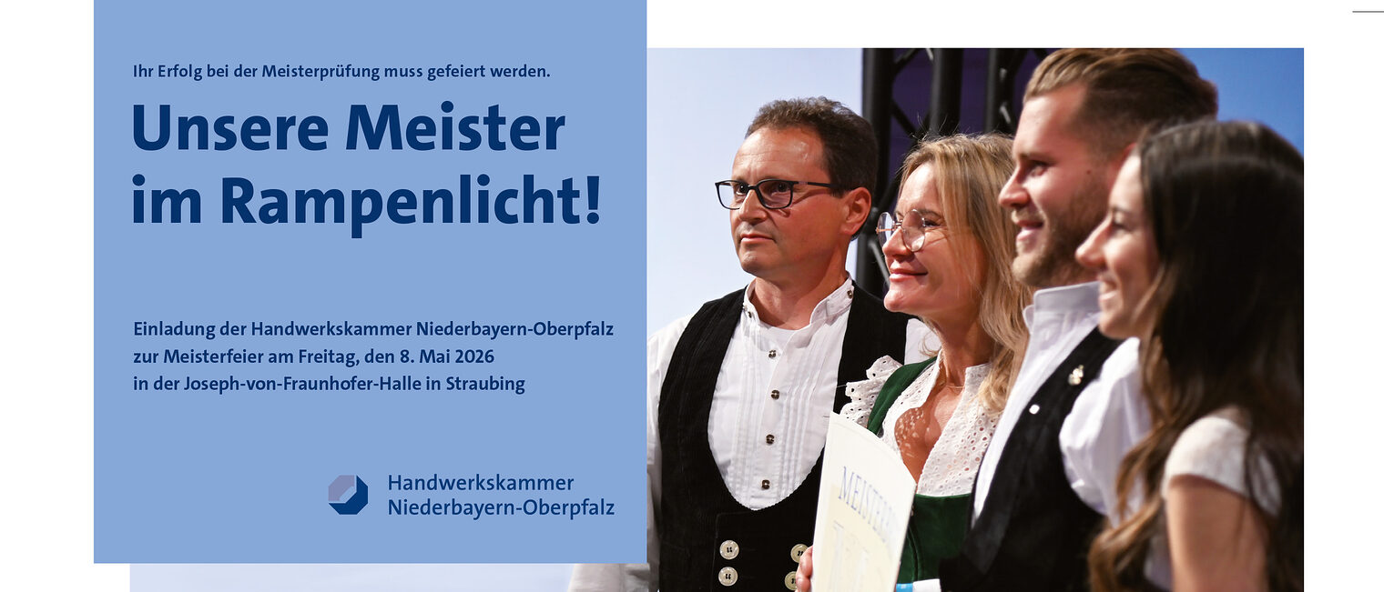 Die Einladungskarte 2026 zur Meisterfeier der Handwerkskammer Niederbayern-Oberpfalz.